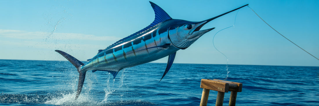 Blue marlin jumping near fishing boat.