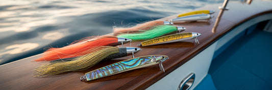Handcrafted offshore trolling lures on boat.