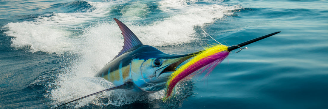Marlin striking an offshore trolling lure.