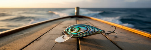 Handcrafted abalone trolling lure on boat