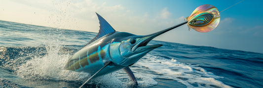 Blue marlin striking abalone resin lure