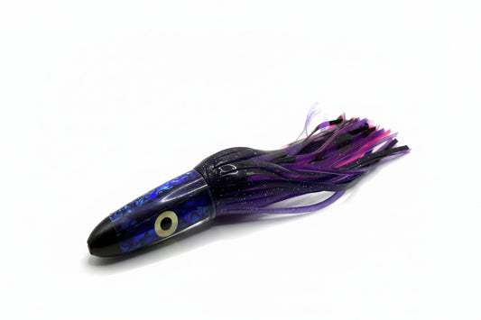 Purple and black abalone resin offshore trolling lure with skirt and large eye for tuna, marlin, wahoo fishing