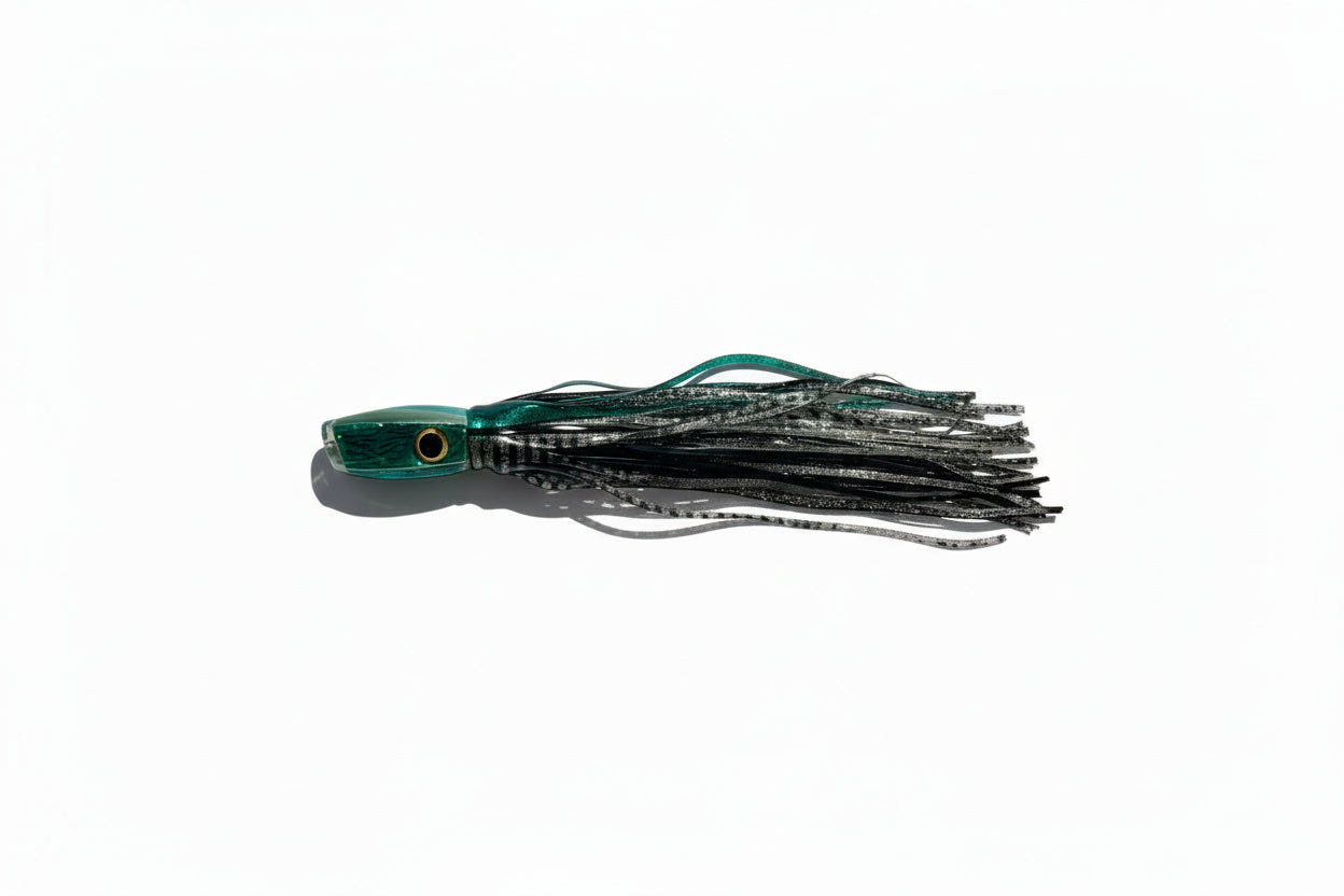 Green and black abalone resin offshore trolling lure with skirt for tuna and marlin fishing