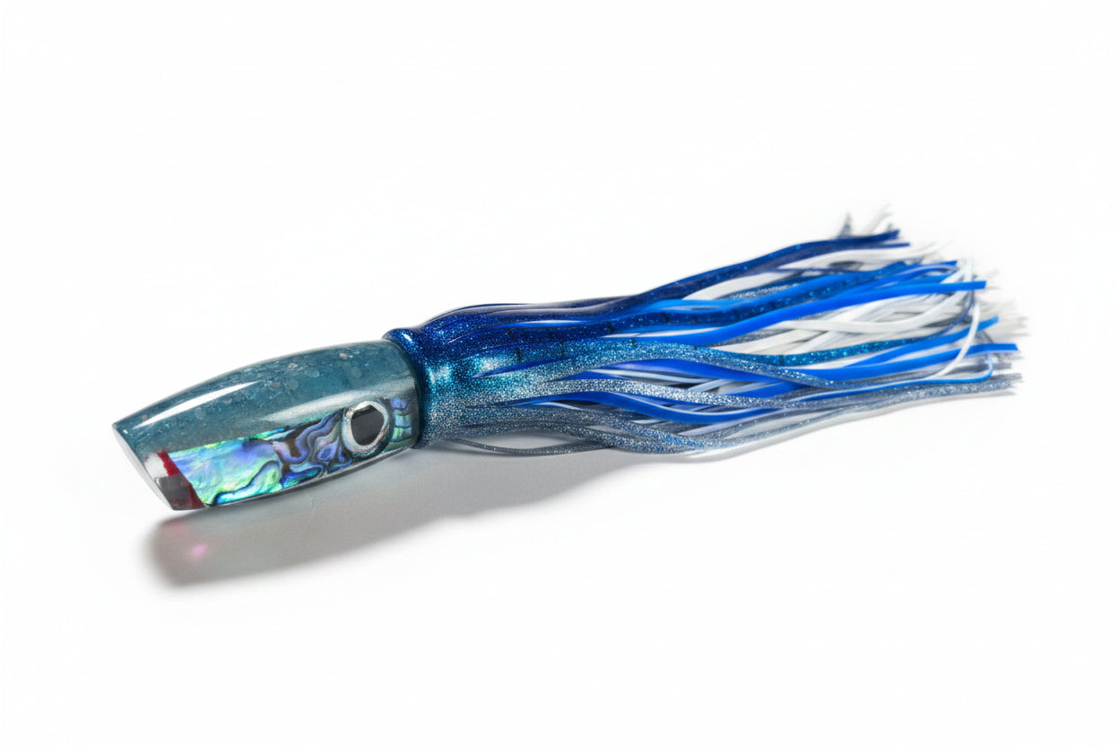 Blue and white fishing lure on a white background