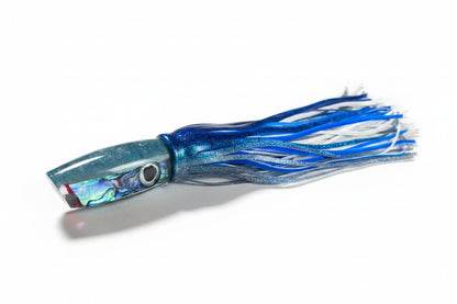 Blue and white fishing lure on a white background
