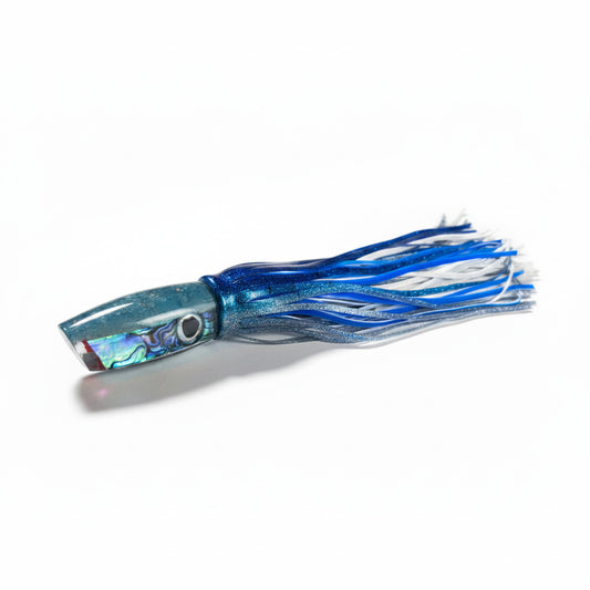 Blue and white fishing lure on a white background