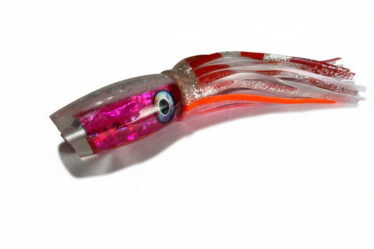 Pink and silver offshore trolling lure with abalone resin skirt for tuna, marlin, wahoo fishing
