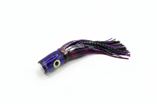 Purple abalone resin offshore trolling lure with skirt, designed for tuna, marlin, and wahoo fishing