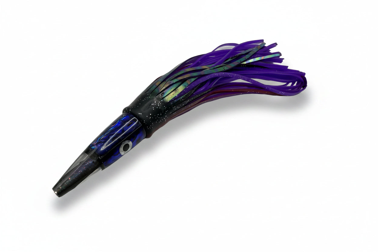 A fishing lure with a metallic purple and black skirt and a blue and black jig head, displayed on a white background.