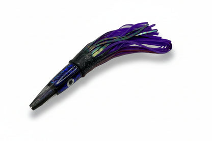 A fishing lure with a metallic purple and black skirt and a blue and black jig head, displayed on a white background.