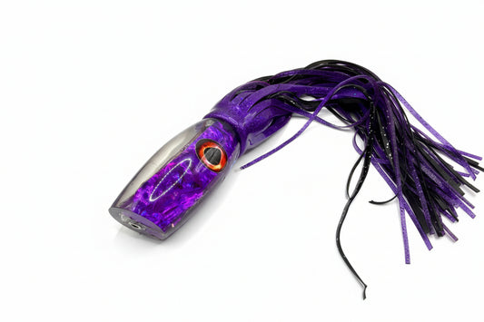 Purple and black abalone resin offshore trolling lure with skirt for tuna and marlin fishing