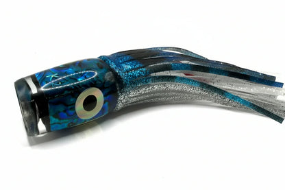 Abalone resin offshore trolling lure with blue, silver, and black skirt for tuna and marlin fishing