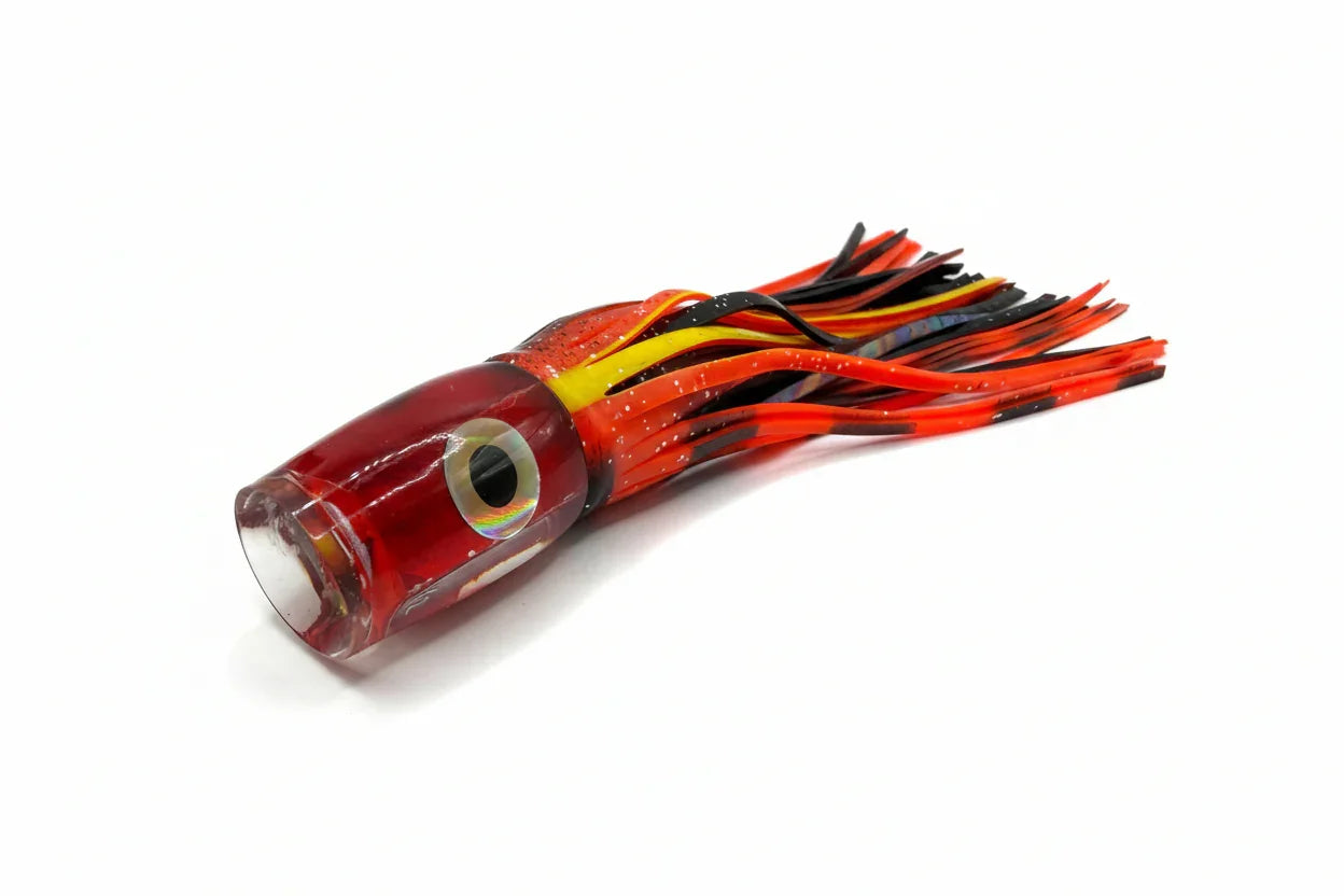 Red offshore trolling lure with abalone resin design and skirt for tuna and marlin fishing