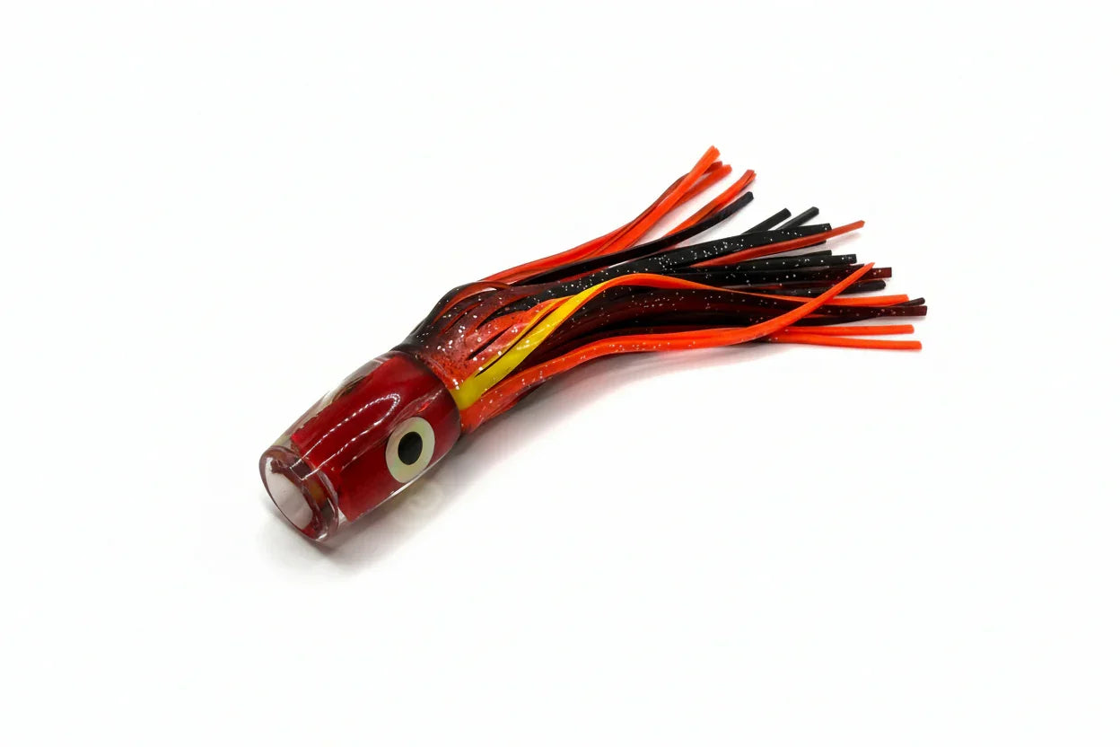 Red and black offshore trolling lure with abalone resin head and skirt for tuna, marlin fishing