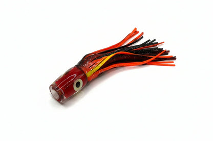 Red and black offshore trolling lure with abalone resin head and skirt for tuna, marlin fishing