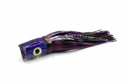 Abalone resin offshore trolling fishing lure with purple skirt and lifelike eye detail