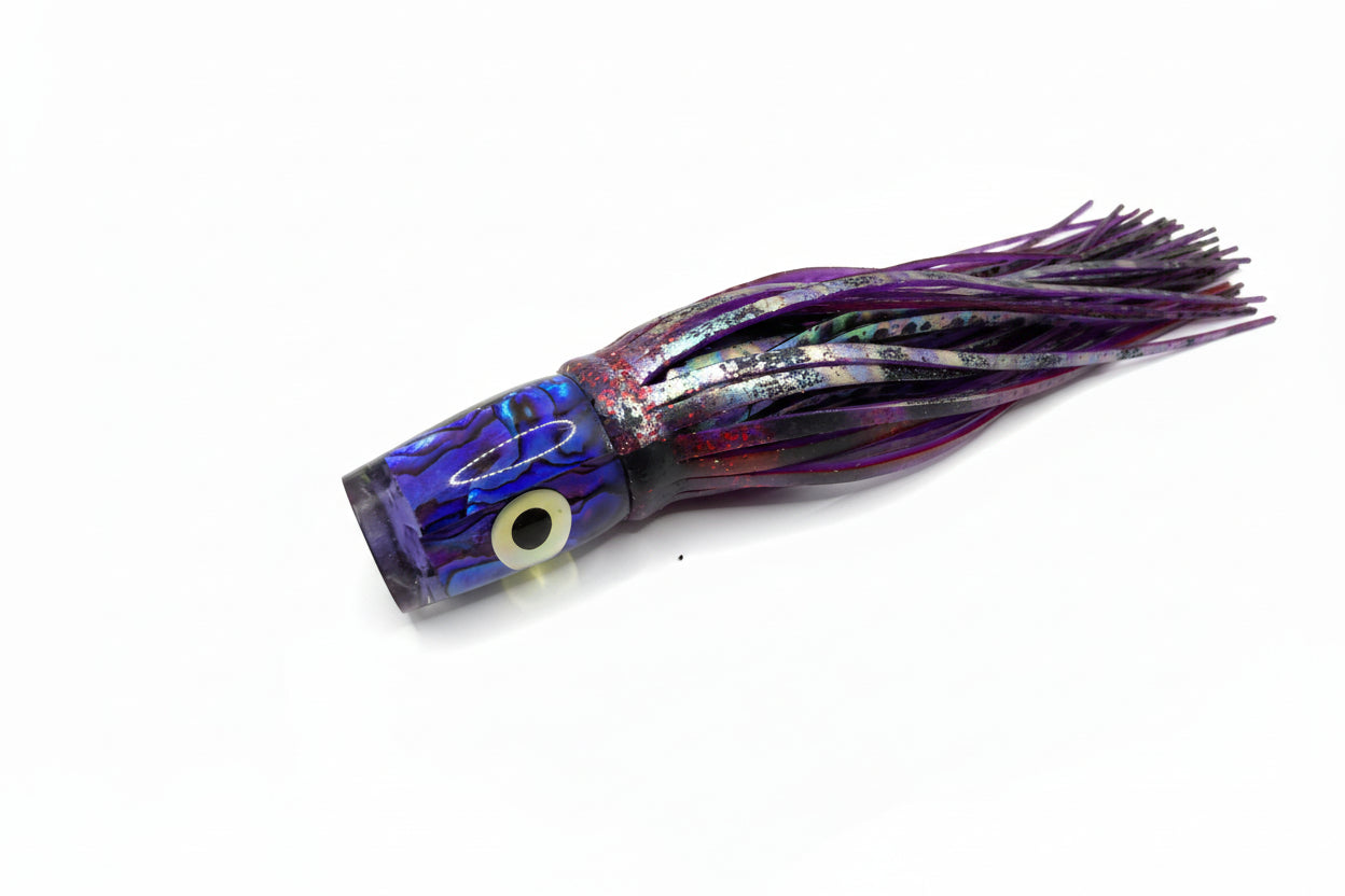 Purple and blue abalone resin offshore trolling lure with lifelike skirt for tuna and marlin fishing