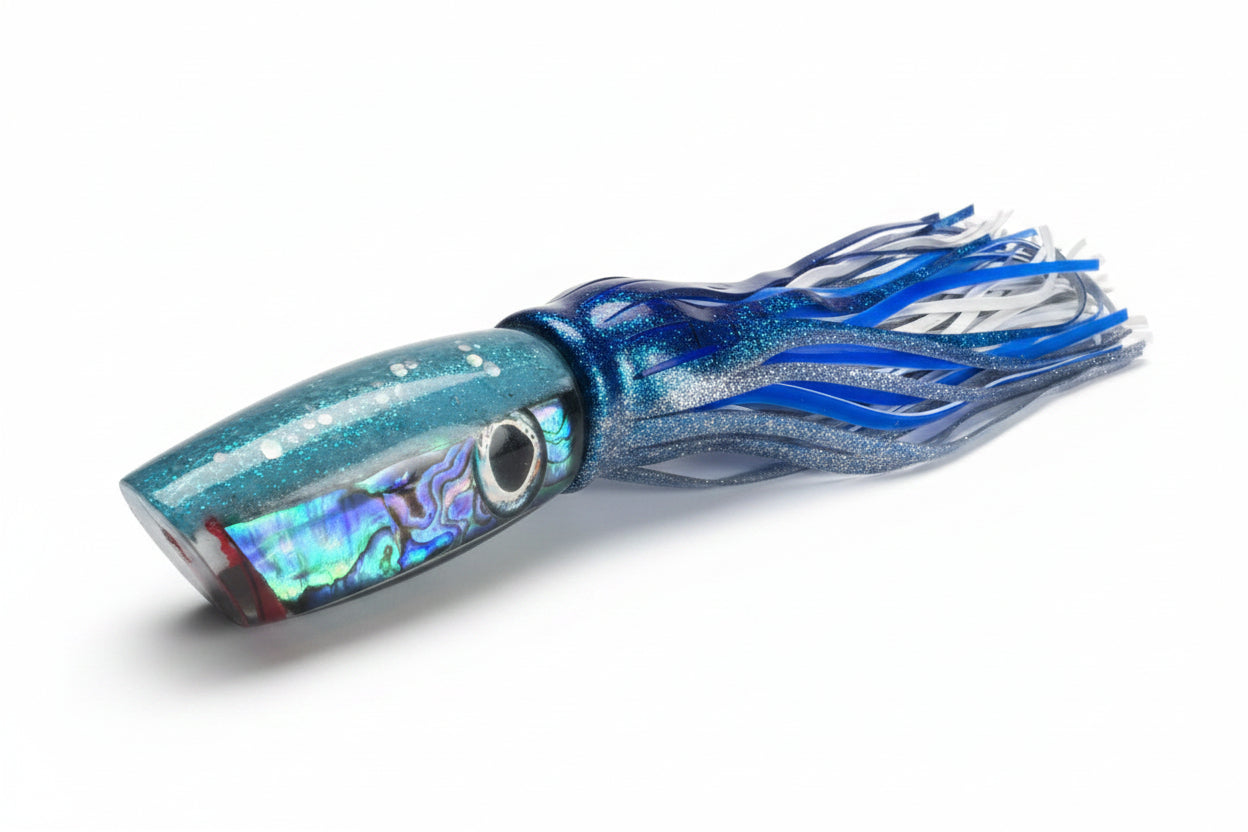 Blue and purple squid fishing lure on a white background