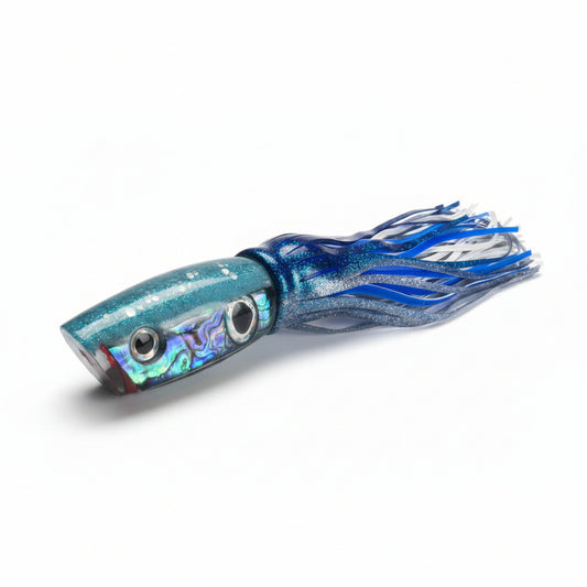 Blue and purple squid fishing lure on a white background