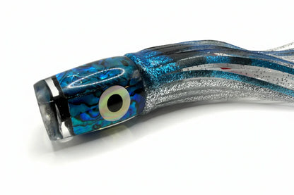 Blue and silver abalone resin offshore trolling lure with reflective eye detail