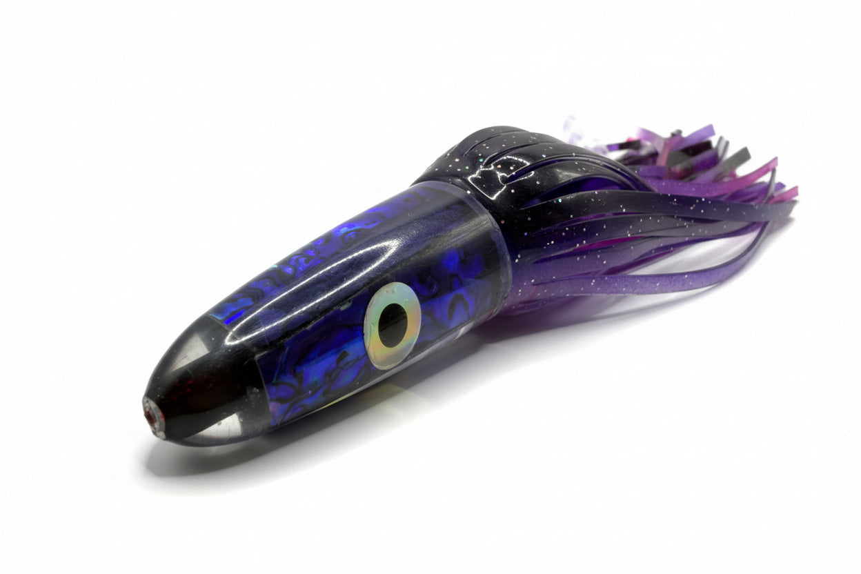 Purple and black abalone resin offshore trolling lure for tuna, marlin, and wahoo fishing