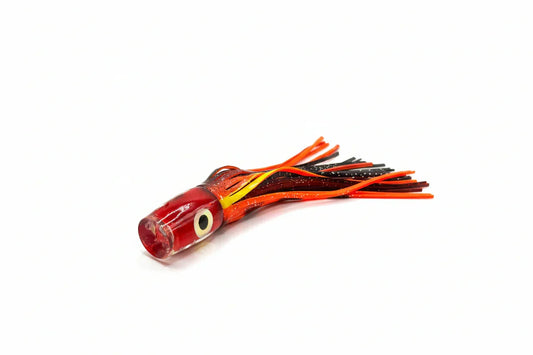 Offshore trolling lure with red and black skirt, lifelike eyes, abalone resin design
