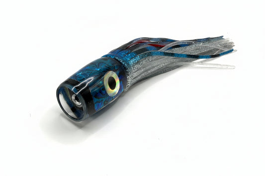 Blue abalone resin offshore trolling lure with skirt, designed for tuna, marlin, wahoo fishing