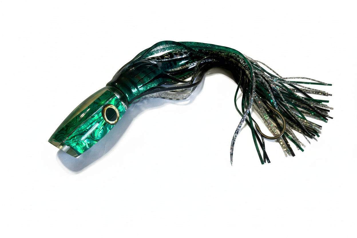 Green abalone resin offshore trolling lure with flashy skirt for tuna, marlin, wahoo fishing
