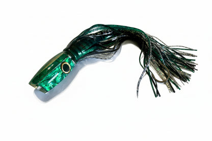Green abalone resin offshore trolling lure with flashy skirt for tuna, marlin, wahoo fishing