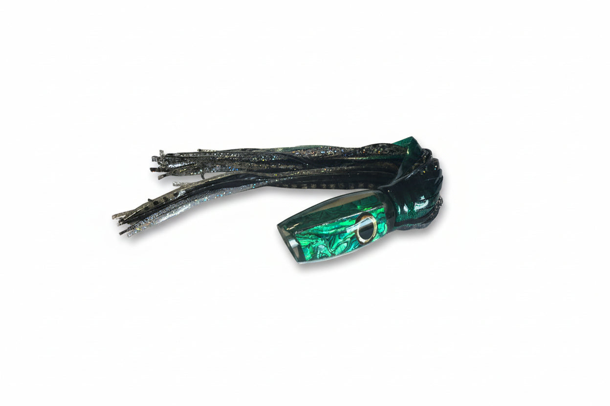 Green abalone resin offshore trolling lure with glitter skirt for tuna, marlin, wahoo fishing