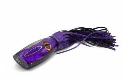 Purple abalone resin offshore trolling lure with skirt, ideal for tuna, marlin, wahoo fishing.