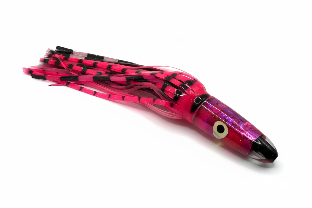 Pink and Black squid fishing lure on a white background