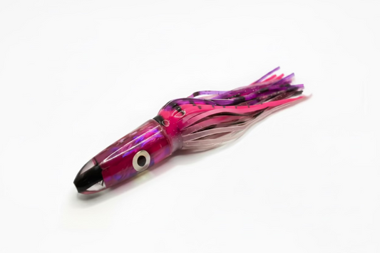 Pink and purple fishing lure with a white background