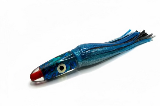 Blue and red squid fishing lure on a white background