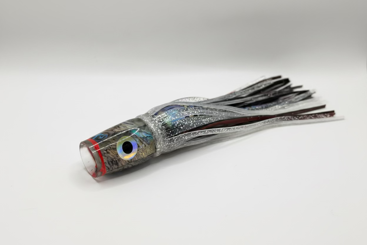 Fishing lure with a detailed finish on a gray background