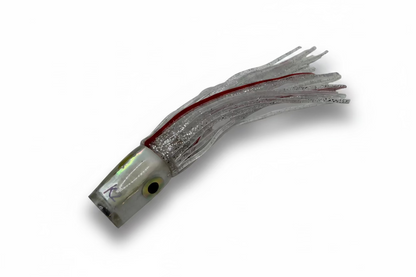 Fishing lure with a red stripe on a white background
