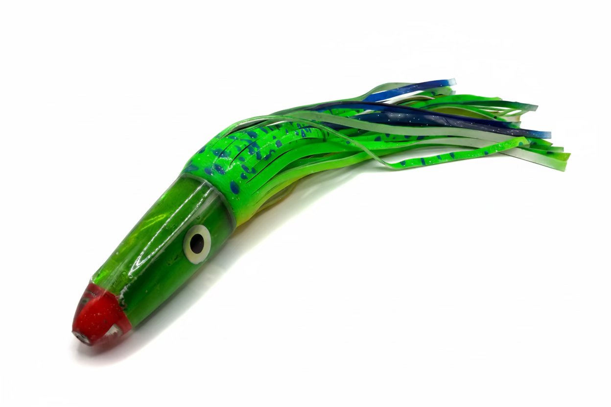 Green and blue fishing lure on a white surface