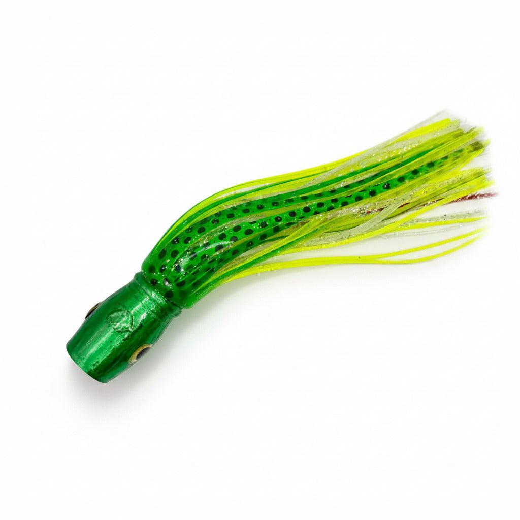 Green and yellow offshore trolling lure with spots for tuna, marlin, and wahoo fishing.