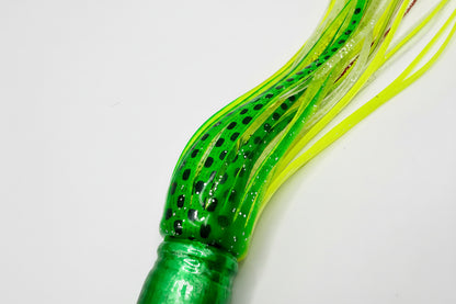 Green and yellow offshore trolling lure with black spots for tuna and marlin fishing
