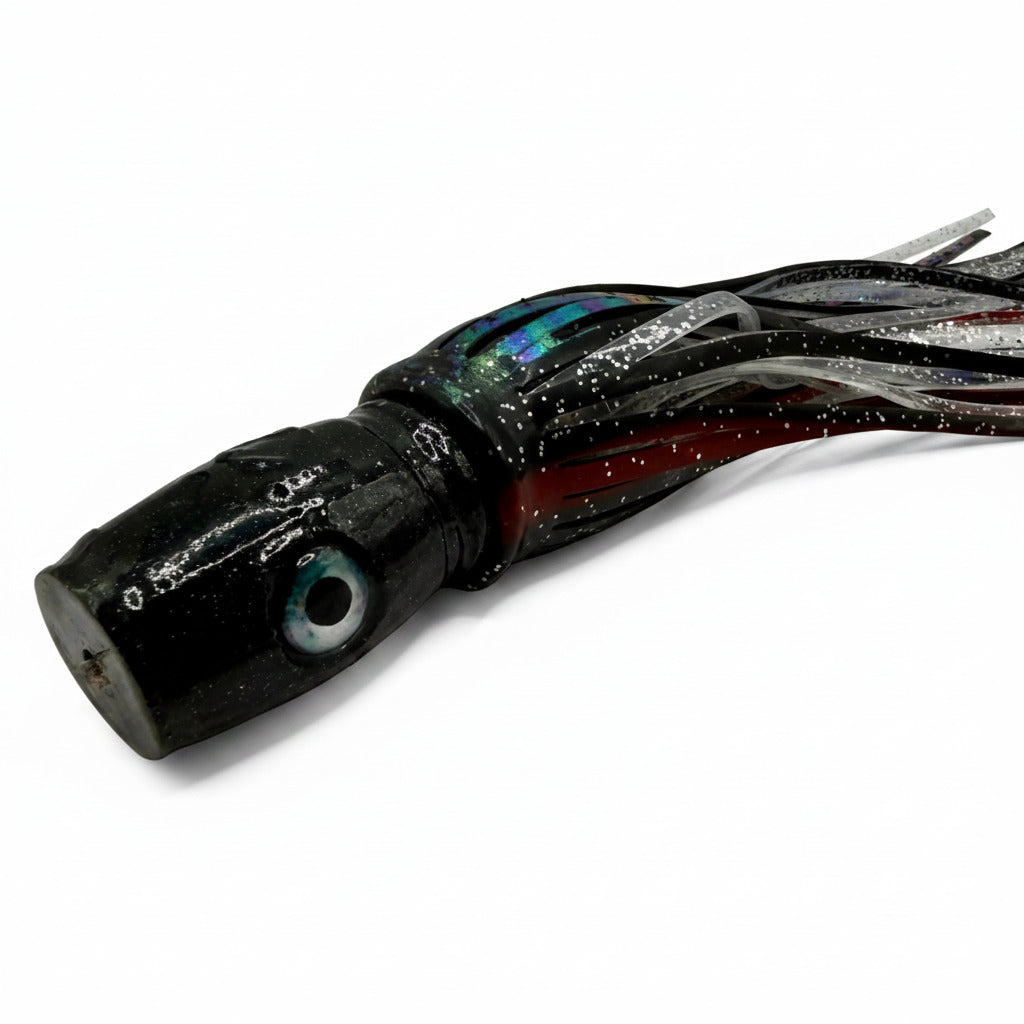 Black abalone resin offshore trolling lure with lifelike eye and glitter skirt for tuna fishing