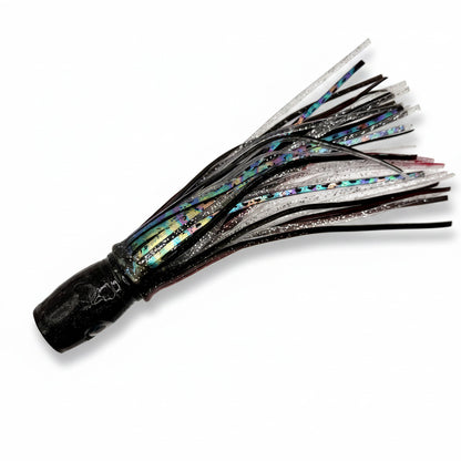 Offshore trolling lure with abalone resin head and glittered skirt for tuna and marlin fishing