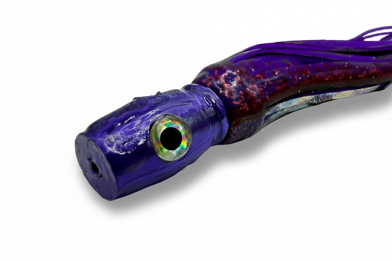 Purple and red abalone resin offshore trolling lure with realistic fish eye