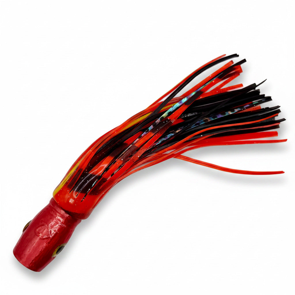 Red and black offshore trolling lure with abalone resin skirt for tuna and marlin fishing