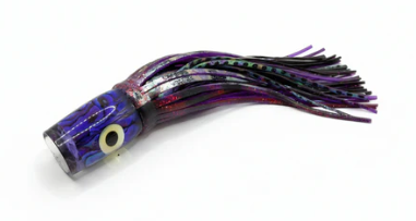 Purple offshore trolling lure with abalone design and skirt, ideal for tuna and marlin fishing
